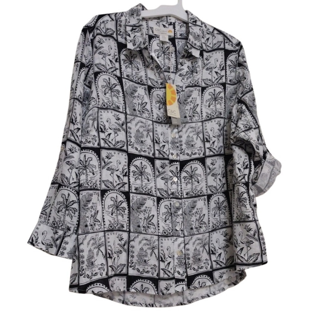 C&C California Button Up Blouse Women 2X Black‎ White Linen Button Up Floral